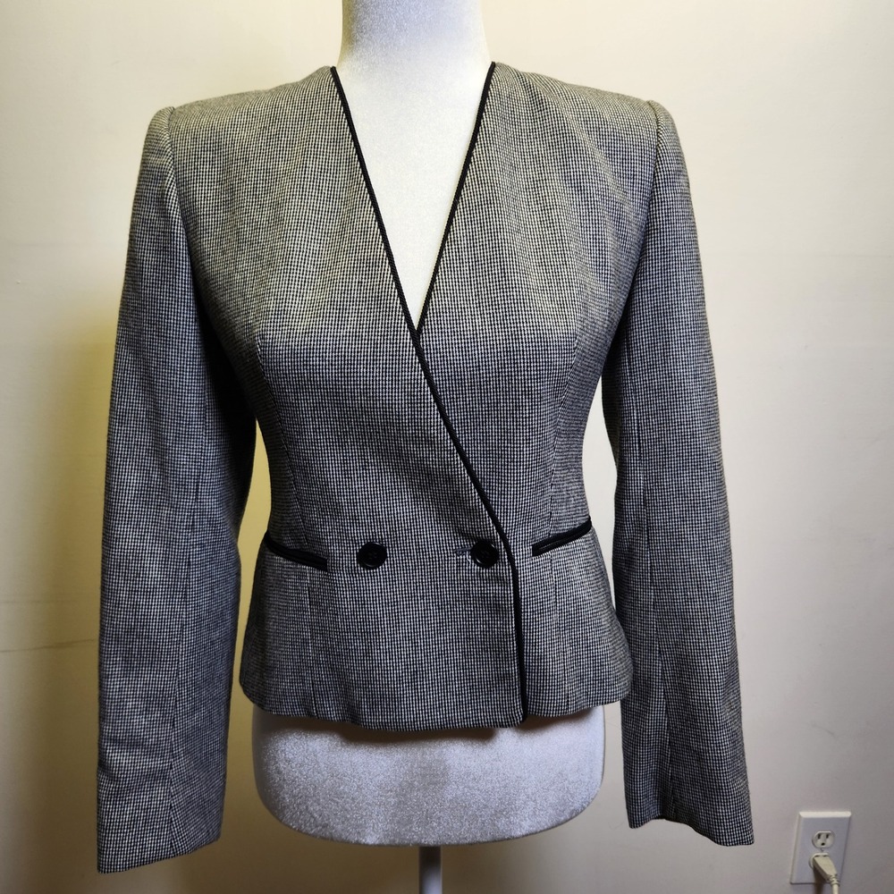 Vtg Evan Picone Micro Houndstooth Blazer Jacket Sz 4 Collarless Wool Union Made